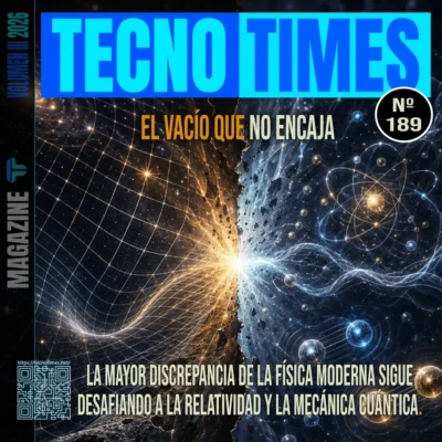 Portada de TecnoTimes sobre el vacío cuántico mostrando la ruptura entre relatividad general y mecánica cuántica con estructuras geométricas y partículas en conflicto.