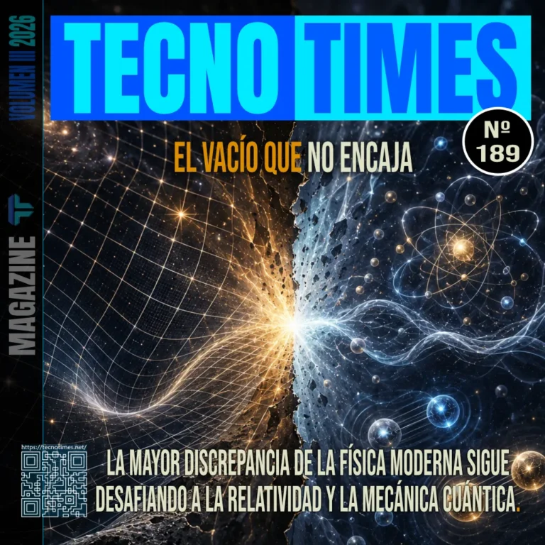 Portada de TecnoTimes sobre el vacío cuántico mostrando la ruptura entre relatividad general y mecánica cuántica con estructuras geométricas y partículas en conflicto.