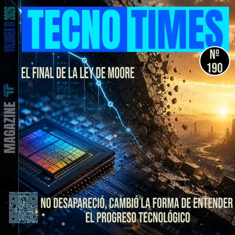 Portada de TecnoTimes Nº 190 sobre el final de la Ley de Moore, con un microchip frente a un muro rocoso que simboliza los límites físicos de la miniaturización y la evolución de la industria de los semiconductores.