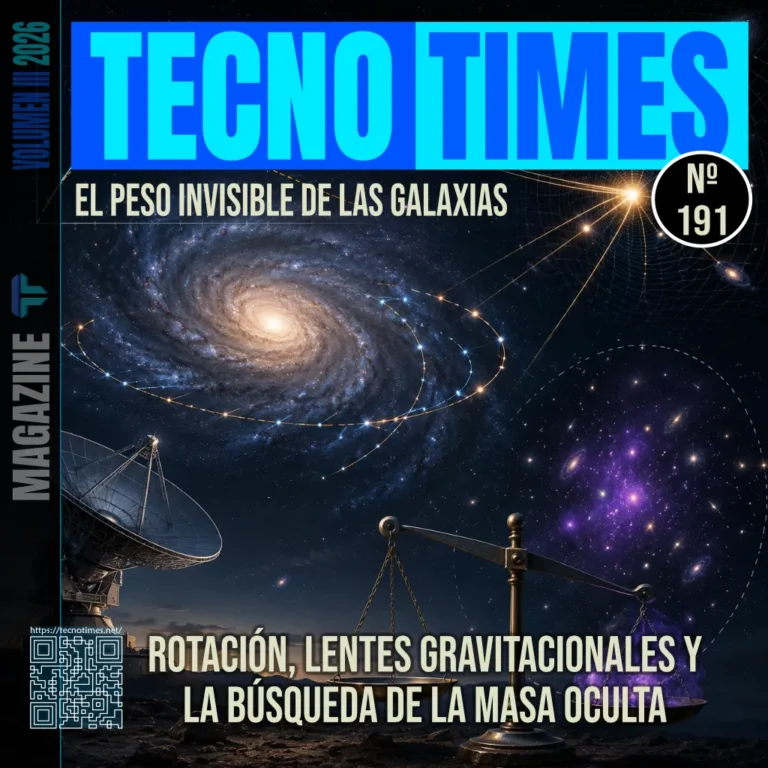 Portada del artículo El peso invisible de las galaxias. Ilustración de una galaxia, una balanza y lentes gravitacionales que representan cómo la astronomía mide la masa galáctica mediante la gravedad.