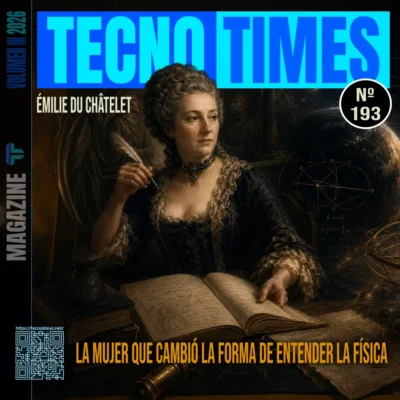 Portada de la revista TecnoTimes Nº 193 dedicada a Émilie du Châtelet. La ilustración muestra a la física y matemática francesa del siglo XVIII escribiendo junto a un manuscrito con diagramas científicos, rodeada de referencias a la geometría, la astronomía y la física. El titular destaca su contribución al desarrollo de la ciencia moderna.