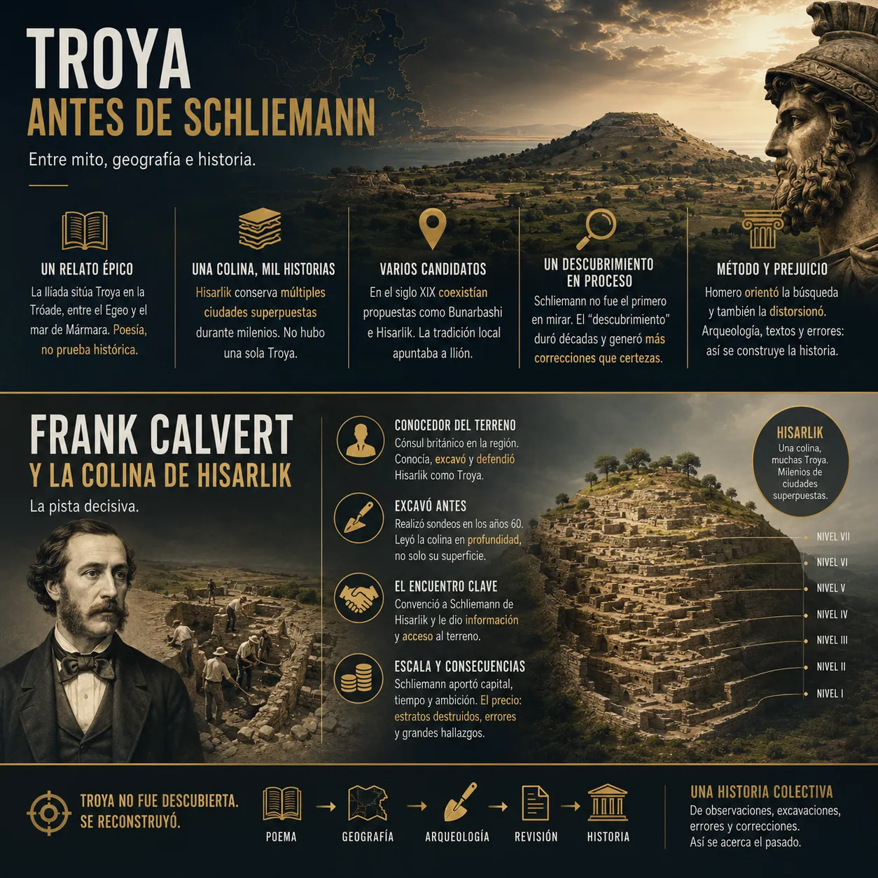 Troya antes de Schliemann Infografía sobre Troya antes de Schliemann con Hisarlik, Homero, los primeros candidatos a la localización de la ciudad y el proceso arqueológico que llevó a su identificación.