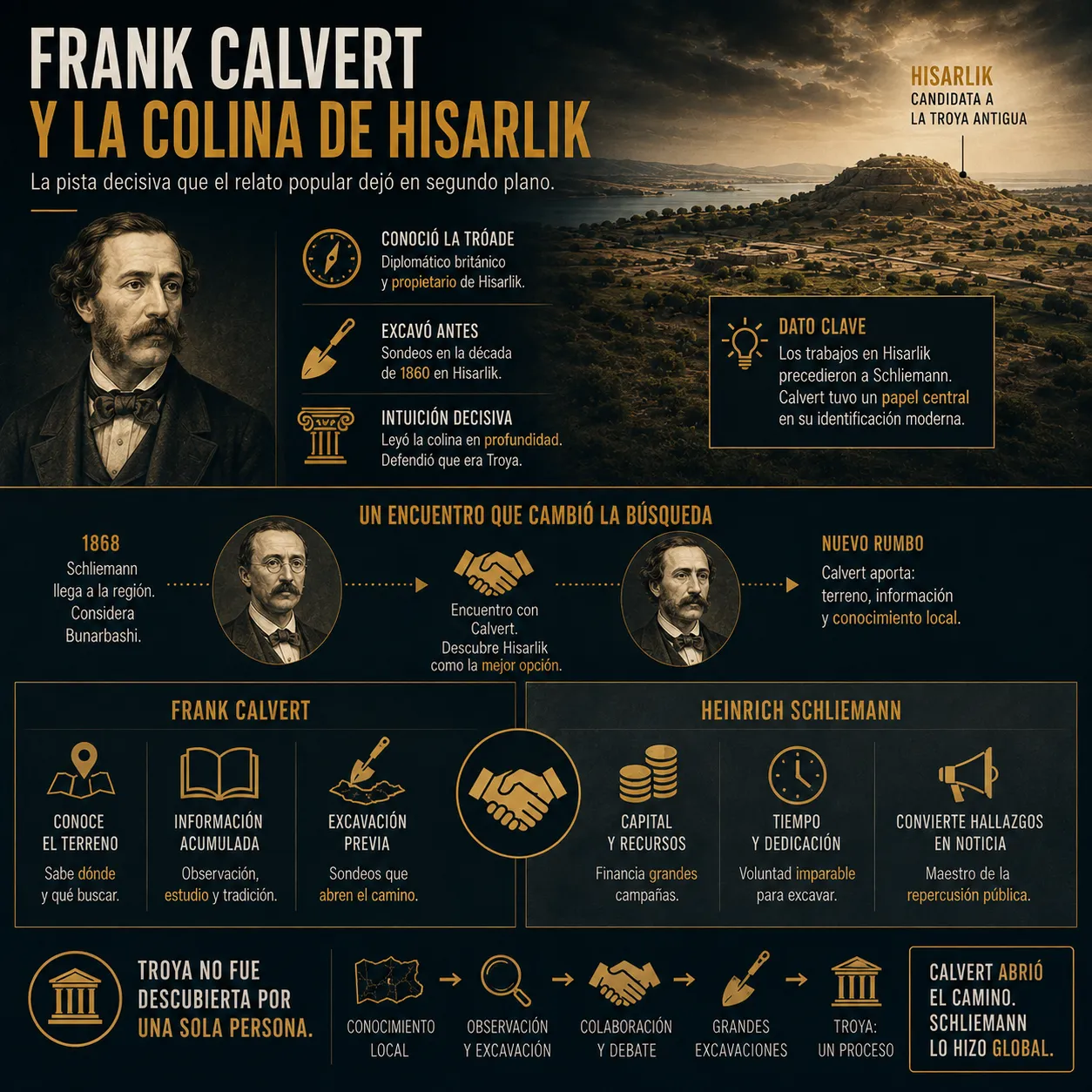Frank Calvert y la colina de Hisarlik Infografía sobre Frank Calvert y su papel en la identificación de Hisarlik como Troya, sus excavaciones previas y su influencia en Heinrich Schliemann.