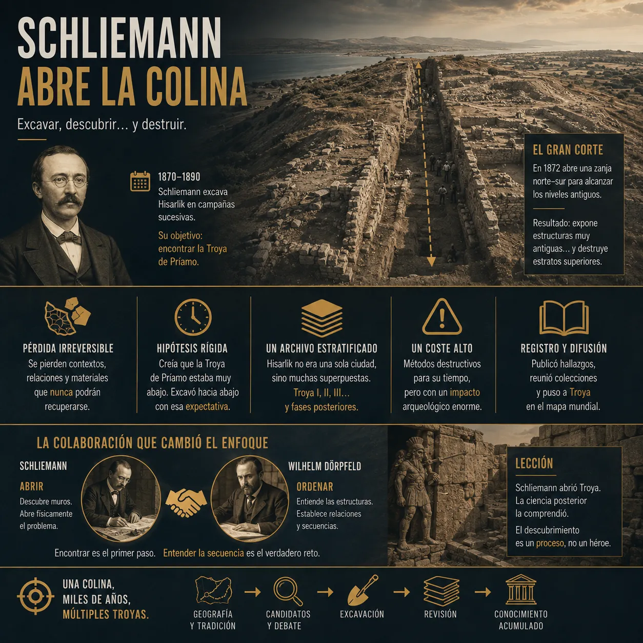Schliemann abre la colina de Hisarlik Infografía sobre las excavaciones de Heinrich Schliemann en Hisarlik, el gran corte realizado en la colina, la pérdida de estratos y la posterior revisión arqueológica.