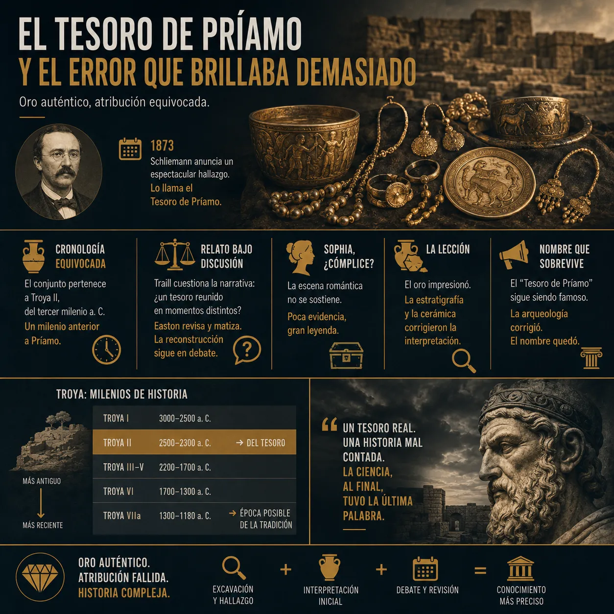 El Tesoro de Príamo y el error de Schliemann Infografía sobre el llamado Tesoro de Príamo descubierto por Schliemann en 1873, su atribución errónea a Troya II y la revisión posterior de su cronología e interpretación.