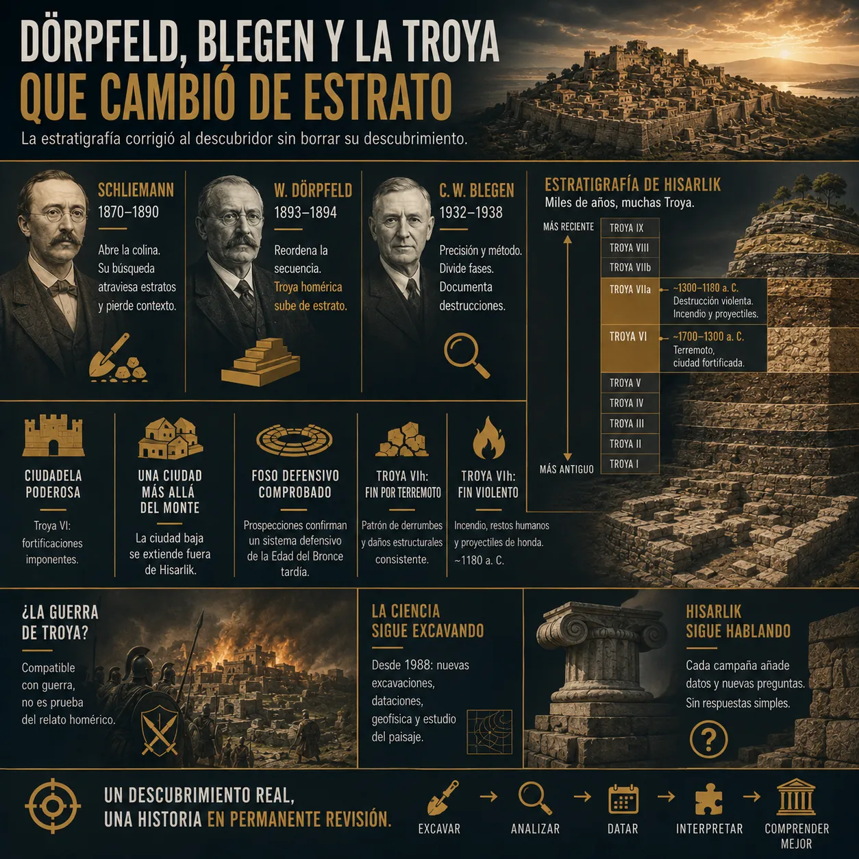 Dörpfeld, Blegen y la Troya que cambió de estrato Infografía sobre las investigaciones de Wilhelm Dörpfeld y Carl Blegen en Troya, la revisión de la estratigrafía de Hisarlik y la importancia de Troya VI y VIIa.
