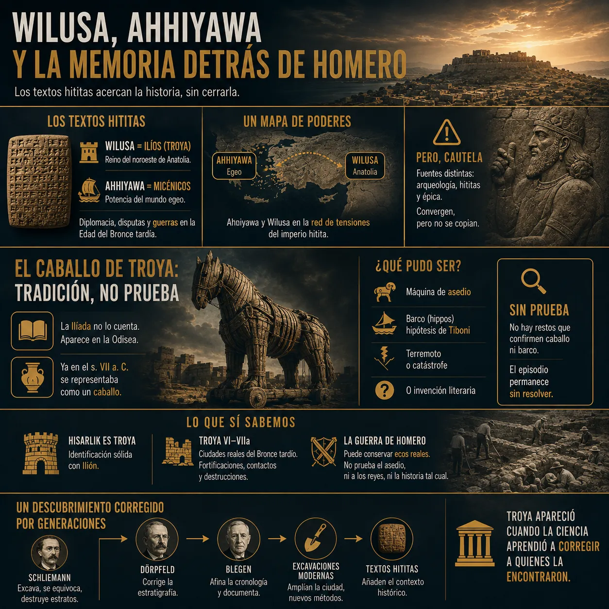 Wilusa, Ahhiyawa y la memoria detrás de Homero Infografía sobre Wilusa y Ahhiyawa en los textos hititas, su posible relación con Troya y el mundo micénico, y las hipótesis sobre el caballo de Troya.