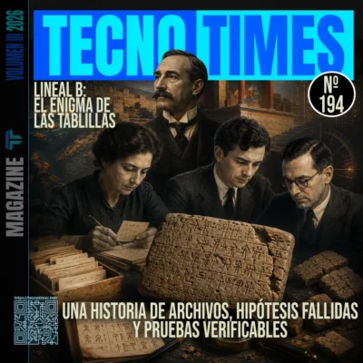 Portada de TecnoTimes sobre el desciframiento del Lineal B, con investigadores analizando tablillas micénicas y archivos de signos.