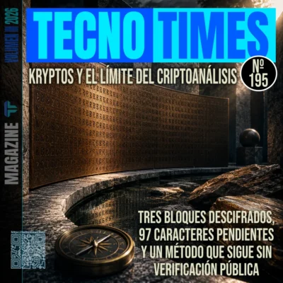 Portada nº 195 de TecnoTimes dedicada a Kryptos, con la escultura cifrada de la CIA, un compás en primer plano y el titular sobre los límites del criptoanálisis.