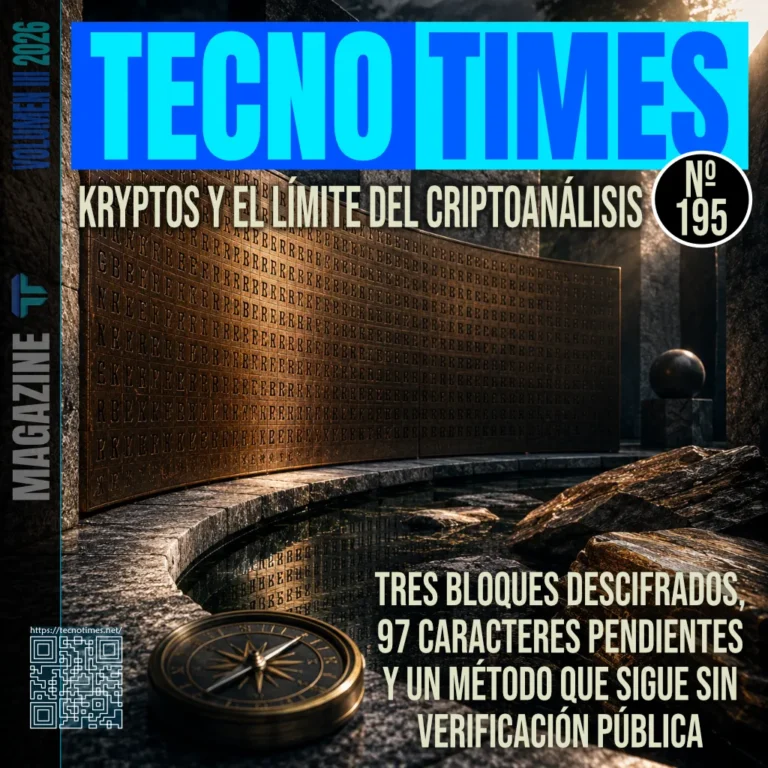 Portada nº 195 de TecnoTimes dedicada a Kryptos, con la escultura cifrada de la CIA, un compás en primer plano y el titular sobre los límites del criptoanálisis.