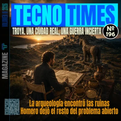 Portada de TecnoTimes Nº 196 sobre el descubrimiento de Troya, con un arqueólogo frente a las ruinas de Hisarlik, el caballo de Troya y piezas arqueológicas.