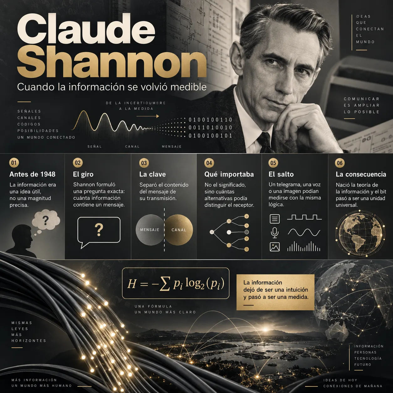 Claude Shannon y la información medible Infografía sobre Claude Shannon, la conversión de la información en una magnitud medible y el nacimiento de la teoría de la información