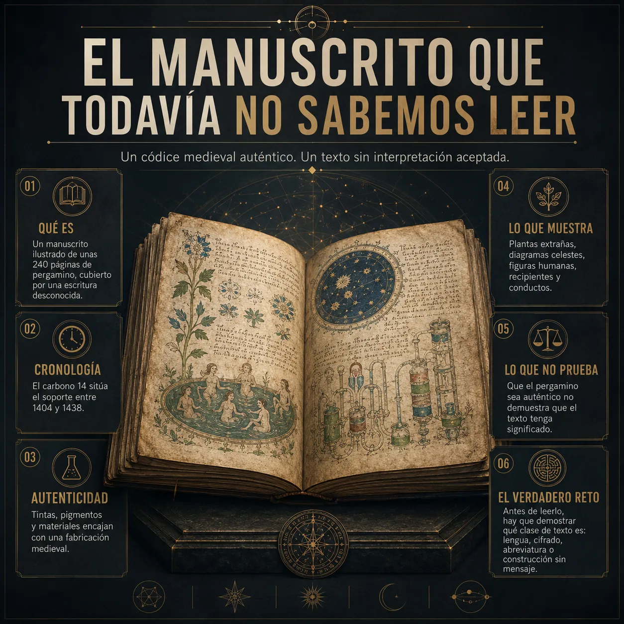 Códice medieval abierto con secciones sobre qué es, su cronología, autenticidad, contenido visual y dificultad de interpretación.