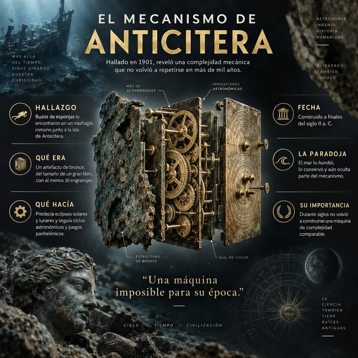 El mecanismo de Anticitera: hallazgo y función Mecanismo de Anticitera abierto con engranajes de bronce y bloques sobre su hallazgo en 1901, función astronómica, fecha e importancia histórica