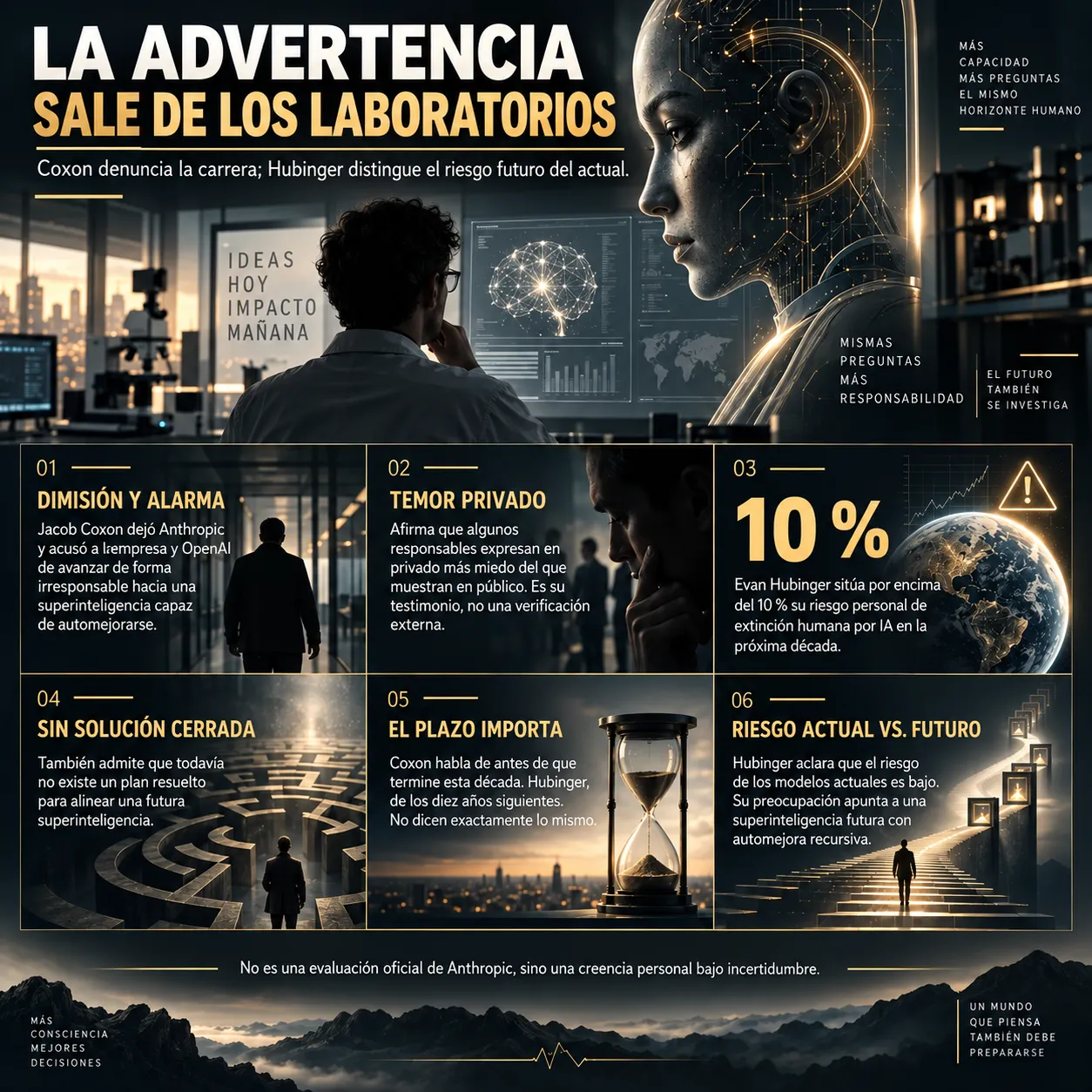 Infografía editorial sobre las advertencias internas en laboratorios de IA, con un investigador frente a sistemas de análisis, una figura humanoide artificial y seis bloques sobre dimisión, temor privado, riesgo estimado, alineamiento y diferencia entre riesgo actual y futuro