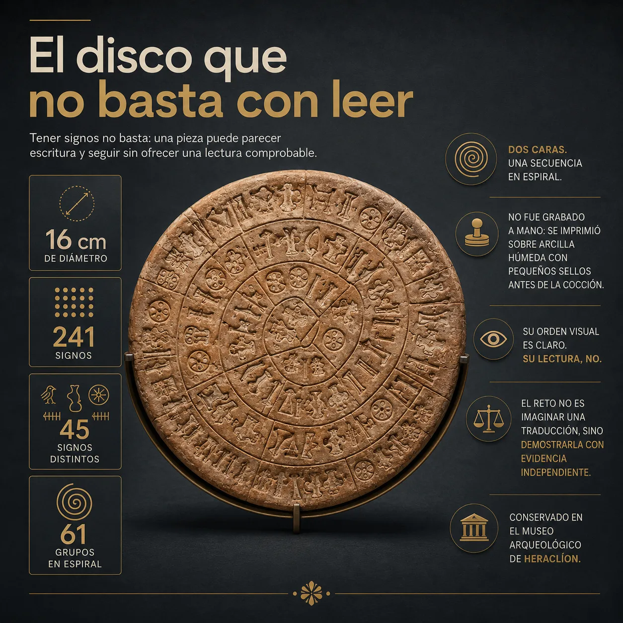 El disco que no basta con leer Infografia sobre el Disco de Festo con sus datos principales: 16 centimetros de diametro, 241 signos, 45 signos distintos, 61 grupos en espiral y el reto de demostrar una lectura con evidencia independiente.