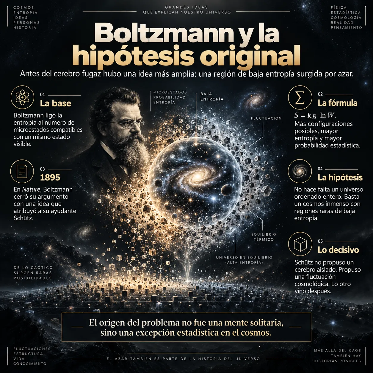 Boltzmann y la hipótesis original Infografía sobre Boltzmann, la entropía estadística y la hipótesis de Schütz de regiones cósmicas surgidas por fluctuación