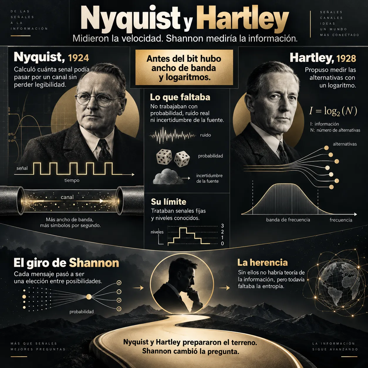 Nyquist, Hartley y el camino hacia Shannon Infografía sobre Nyquist, Hartley y los antecedentes técnicos que prepararon la teoría matemática de la información de Claude Shannon