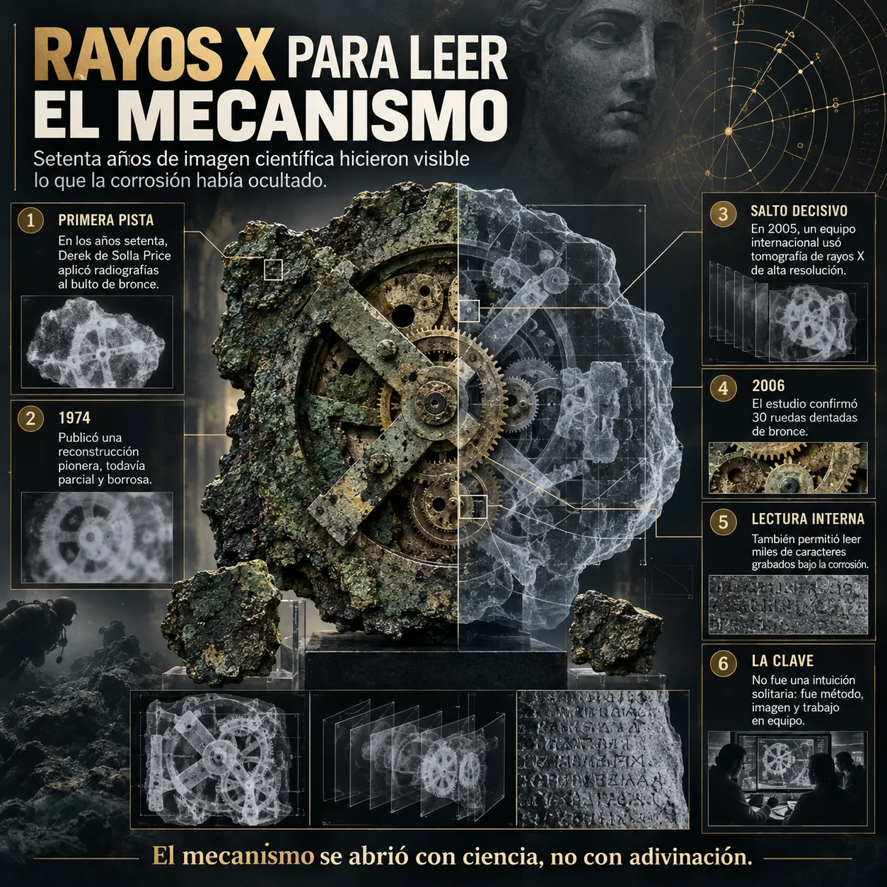 Rayos X para leer el mecanismo de Anticitera Fragmento del mecanismo de Anticitera combinado con imágenes de rayos X y tomografía que muestran cómo se revelaron sus engranajes e inscripciones