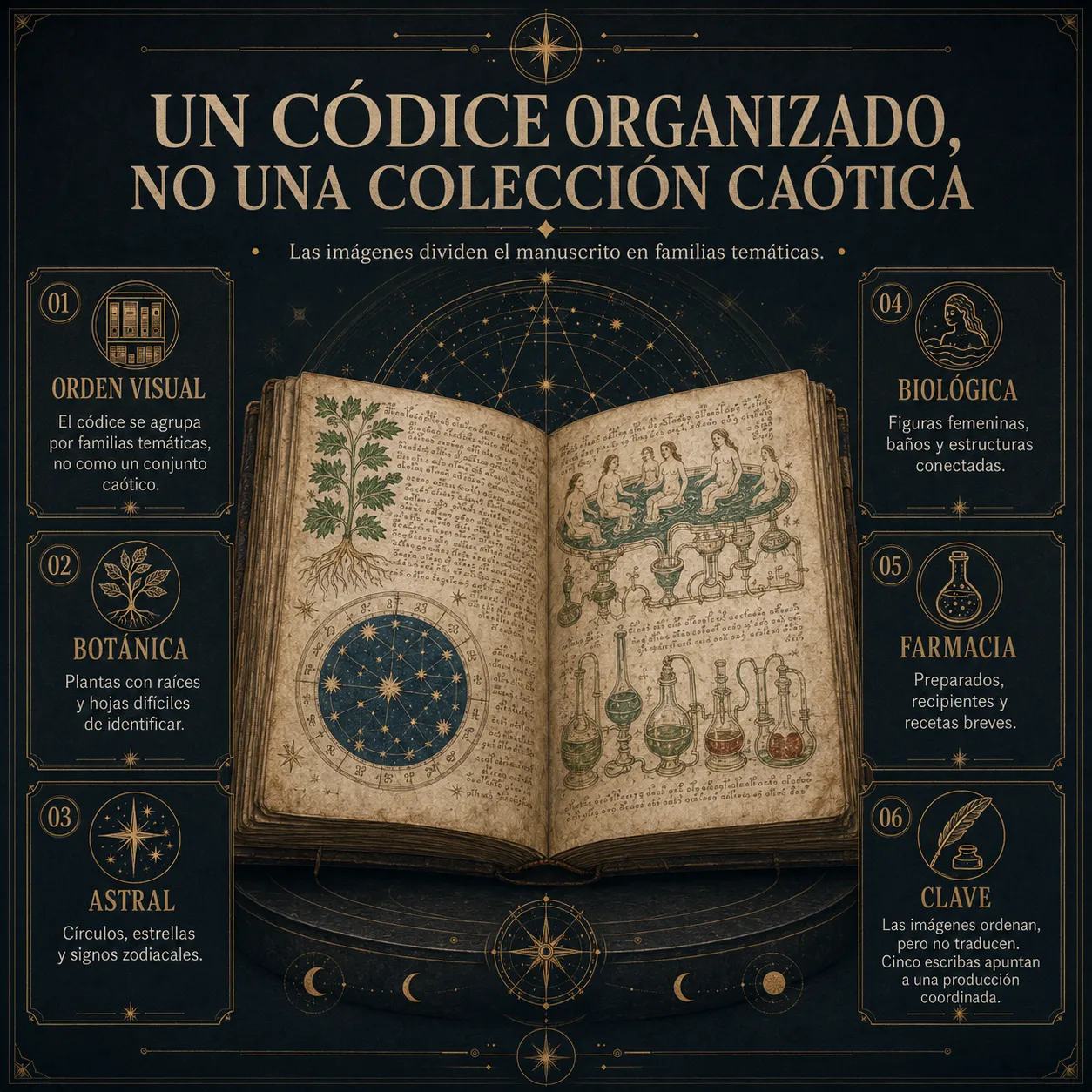 Códice ilustrado organizado por familias visuales: botánica, astronomía, biología, farmacia y clave interpretativa.