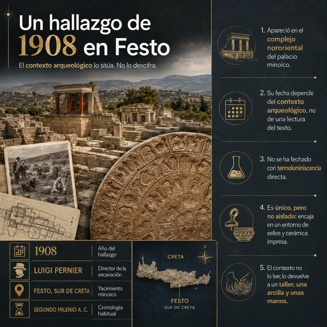 Un hallazgo de 1908 en Festo Infografia sobre el hallazgo del Disco de Festo en 1908, con el yacimiento minoico de Festo, Luigi Pernier, el contexto arqueologico y la localizacion en el sur de Creta.