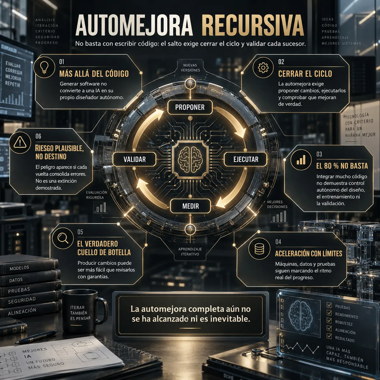 Infografía editorial sobre automejora recursiva en inteligencia artificial, con un ciclo central de proponer, ejecutar, medir y validar, y seis bloques sobre código, validación, límites técnicos, cuello de botella humano y riesgo plausible