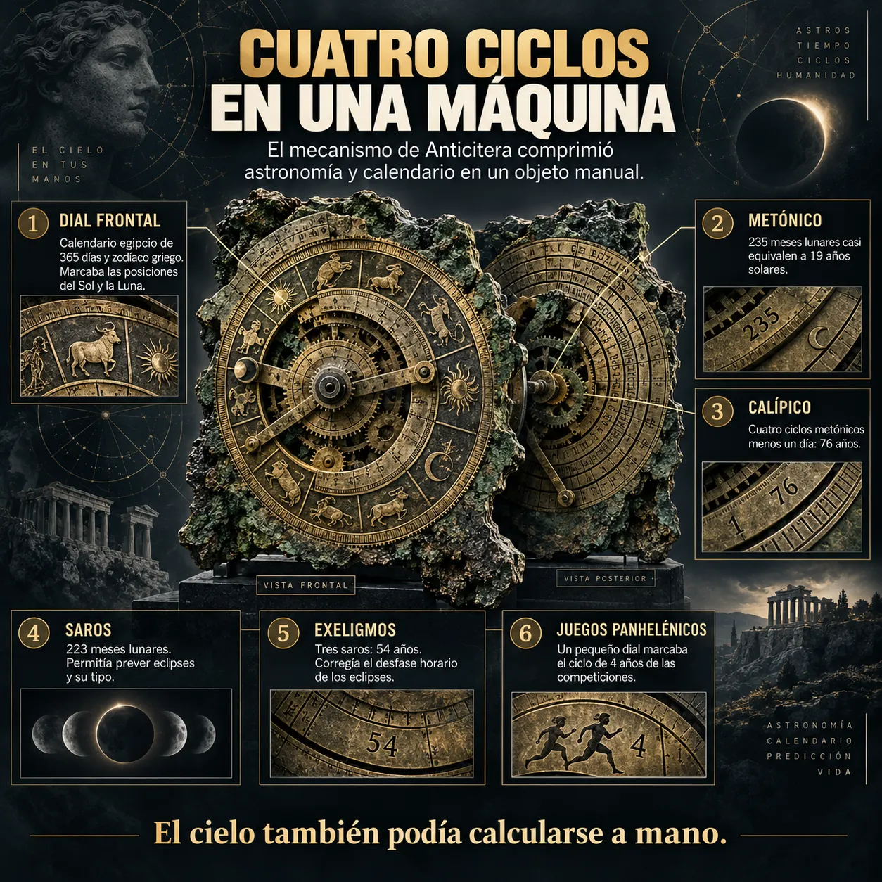 Los ciclos astronómicos del mecanismo de Anticitera Reconstrucción del mecanismo de Anticitera con los ciclos metónico, calípico, Saros y exeligmos y el calendario de los juegos panhelénicos
