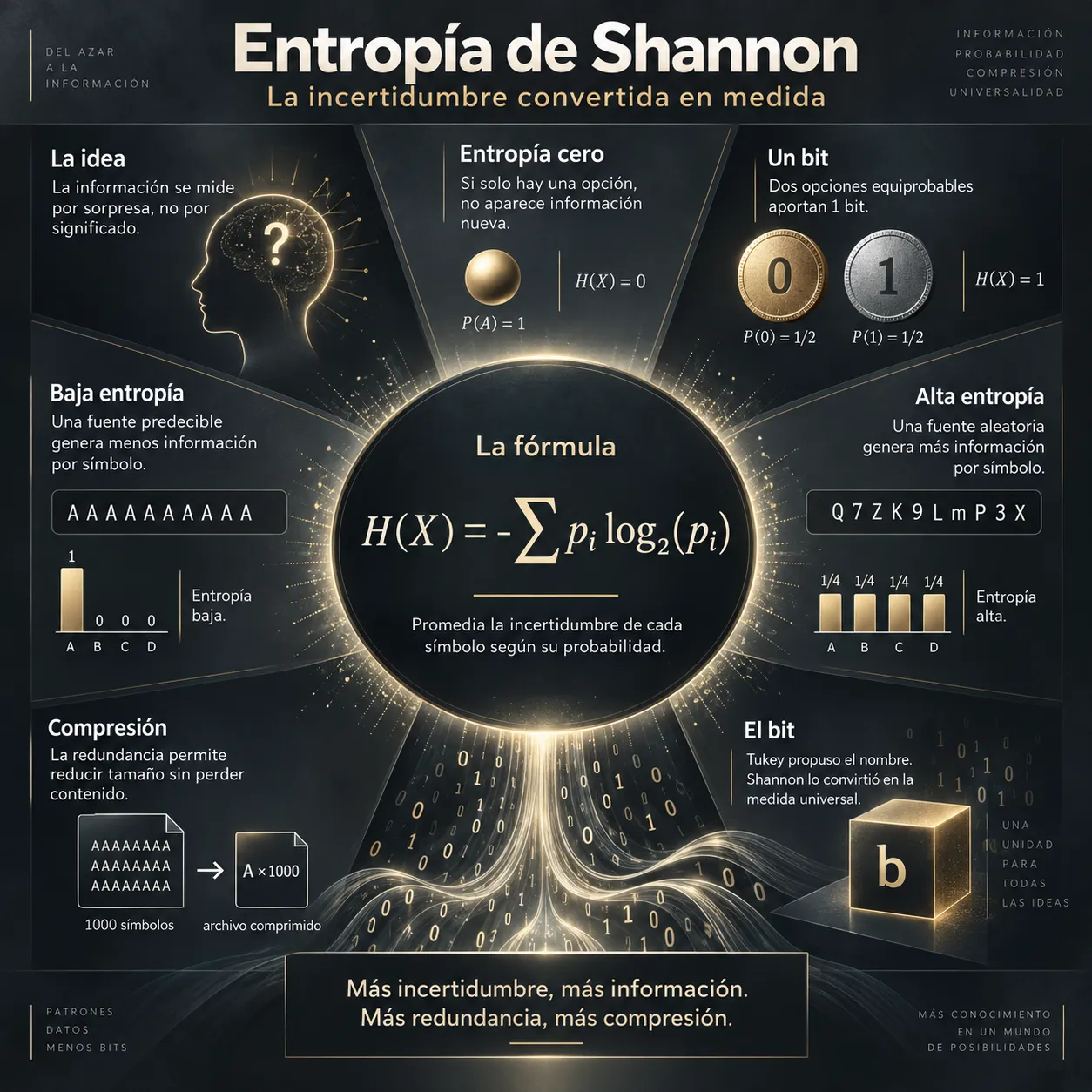 La entropía de Shannon Infografía sobre la entropía de Shannon, la incertidumbre de una fuente, el bit y la relación entre probabilidad, información y compresión