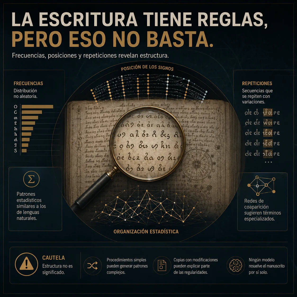 Análisis visual de una escritura desconocida con frecuencias, posiciones de signos, repeticiones y advertencia sobre estructura sin significado probado.