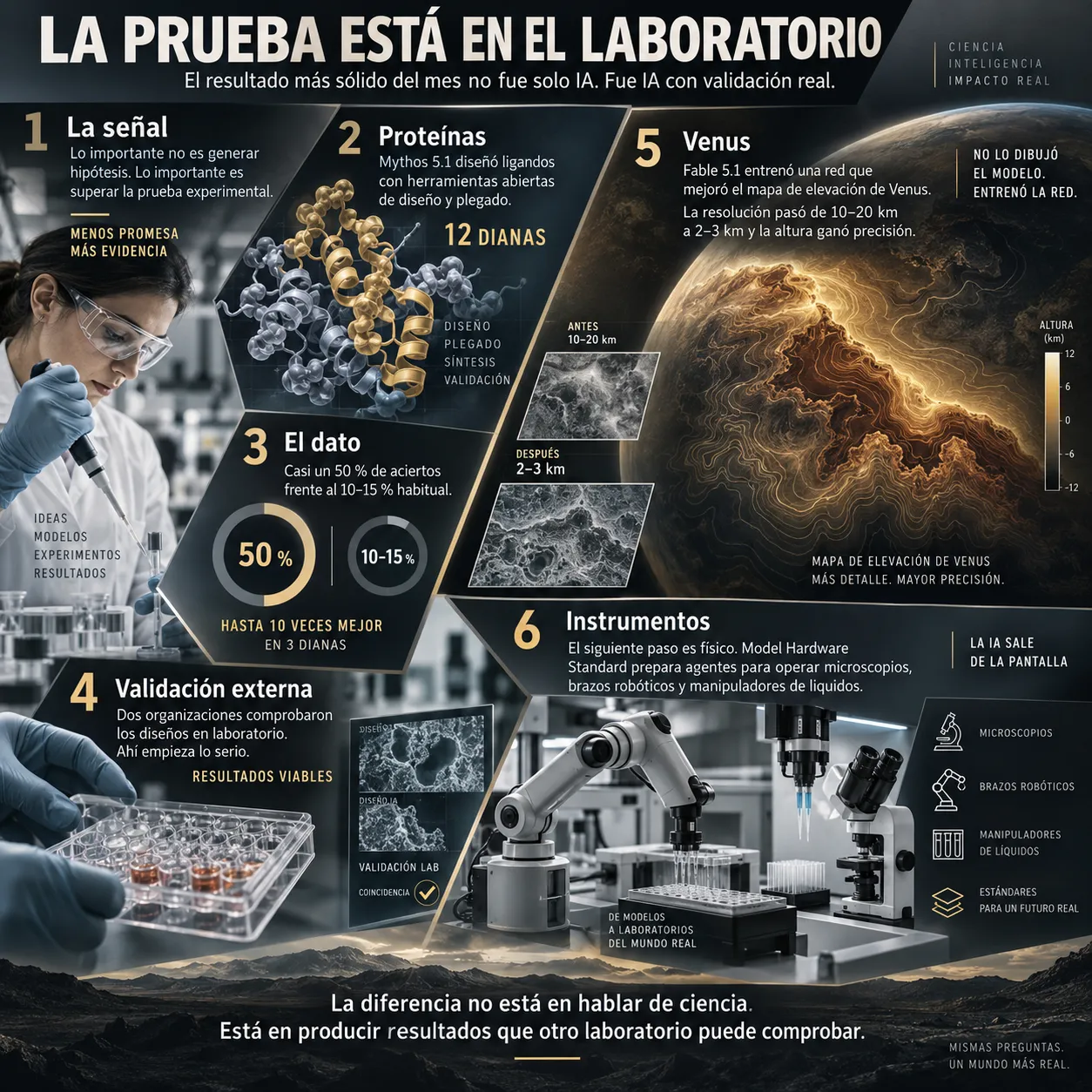 Infografía sobre resultados científicos de inteligencia artificial validados experimentalmente, con diseño de proteínas, cartografía de Venus y agentes capaces de operar instrumentos de laboratorio