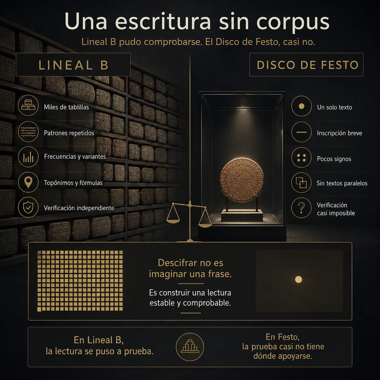 Una escritura sin corpus Comparacion visual entre Lineal B y el Disco de Festo: miles de tablillas frente a un solo texto breve, sin textos paralelos y con verificacion casi imposible.