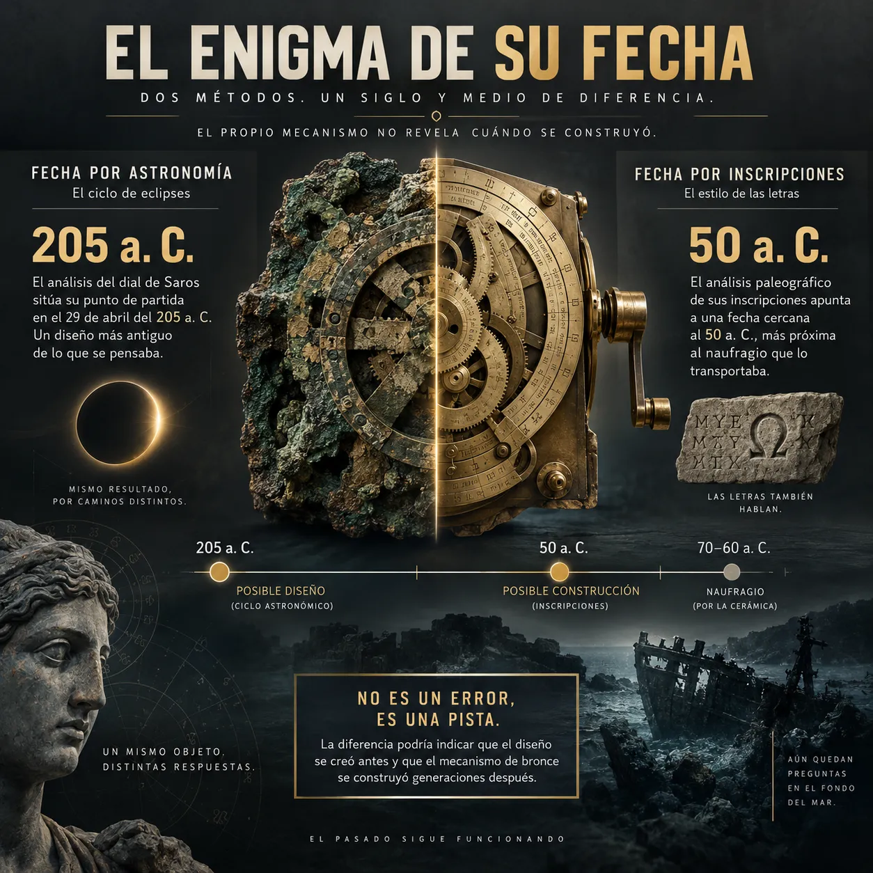 El enigma de la fecha del mecanismo de Anticitera Comparación entre la datación astronómica de 205 a. C., la datación paleográfica cercana a 50 a. C. y la fecha del naufragio de Anticitera
