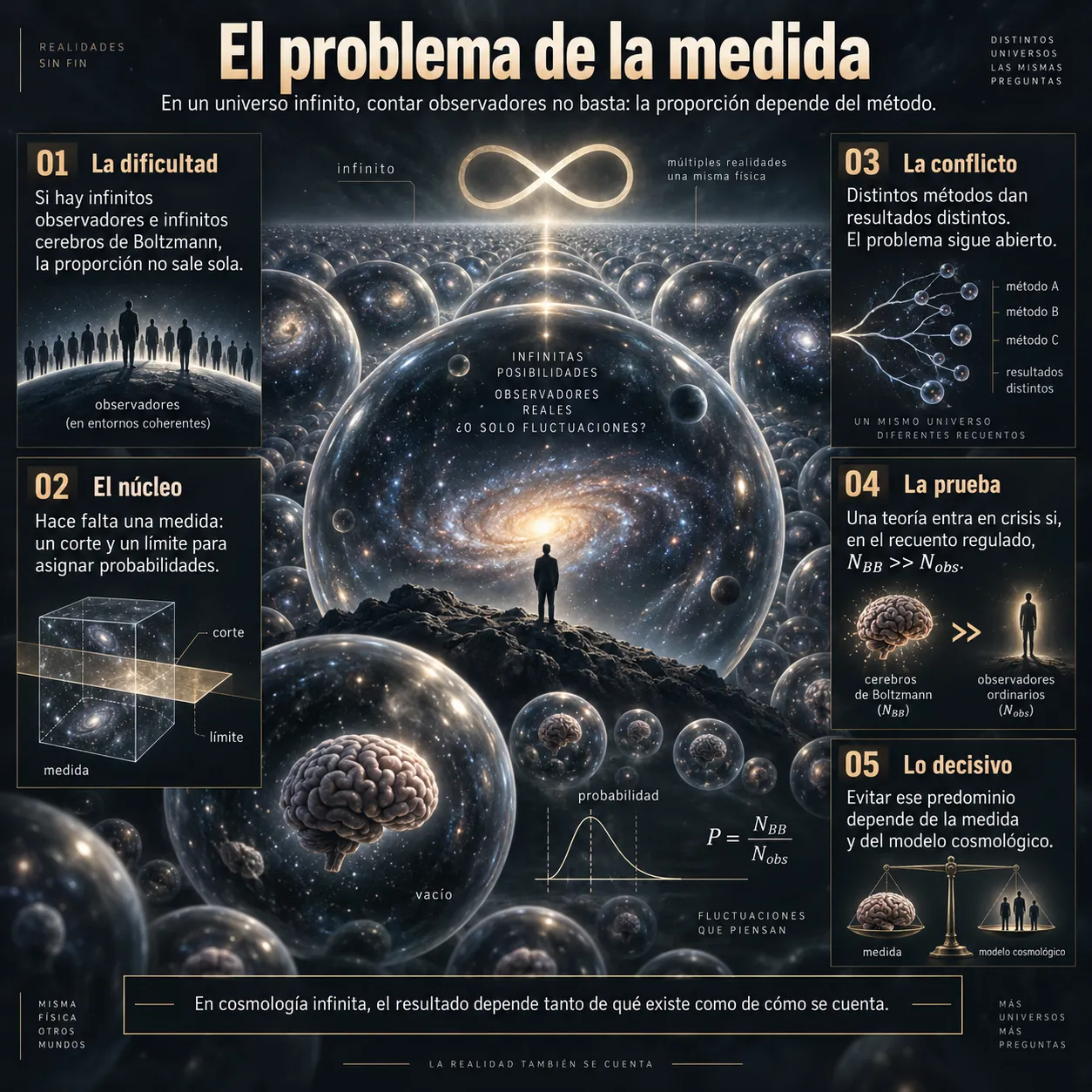 El problema de la medida cosmológica Infografía sobre el problema de la medida y la dificultad de comparar observadores en modelos cosmológicos infinitos