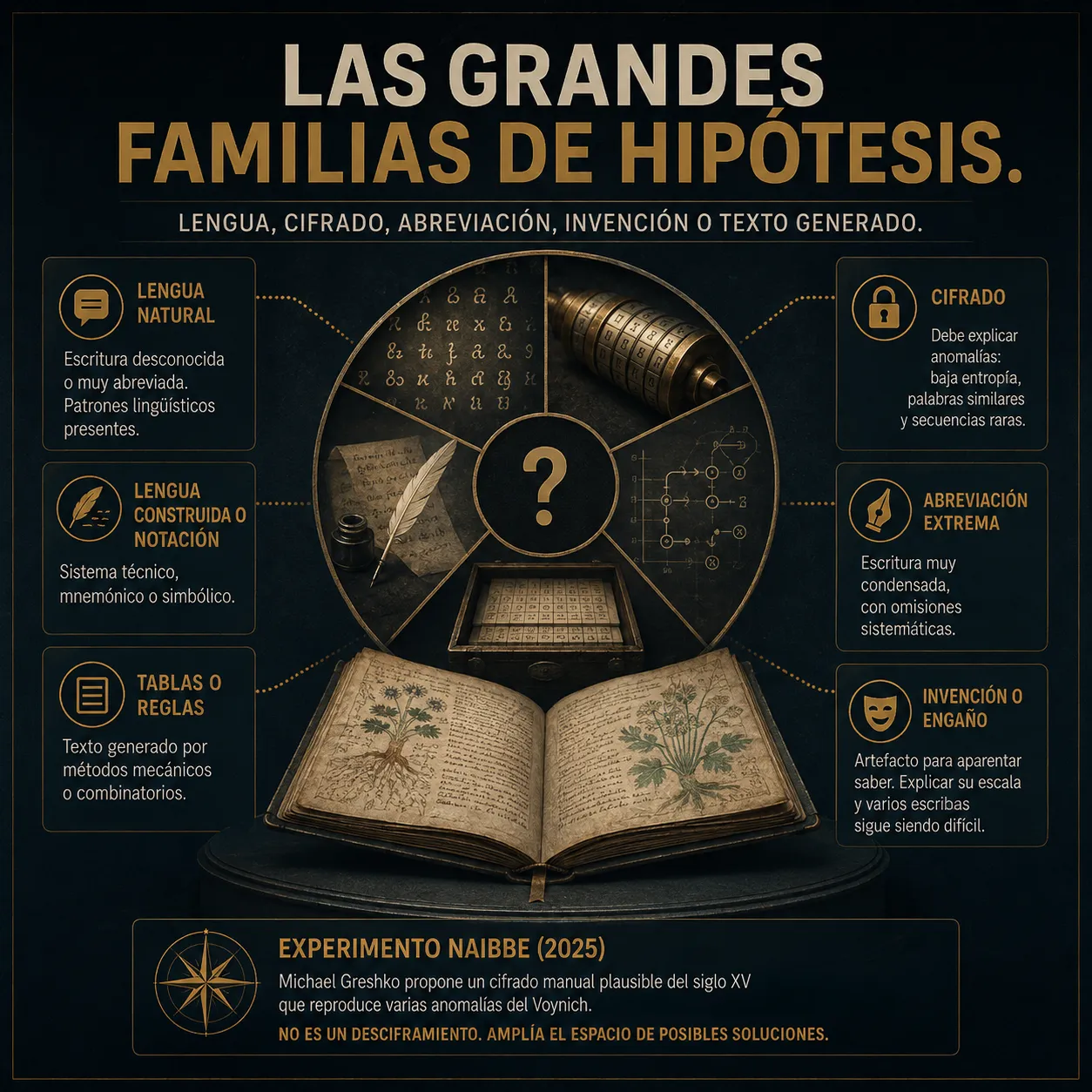 Esquema de las principales hipótesis: lengua natural, cifrado, abreviación extrema, notación, tablas, reglas e invención.