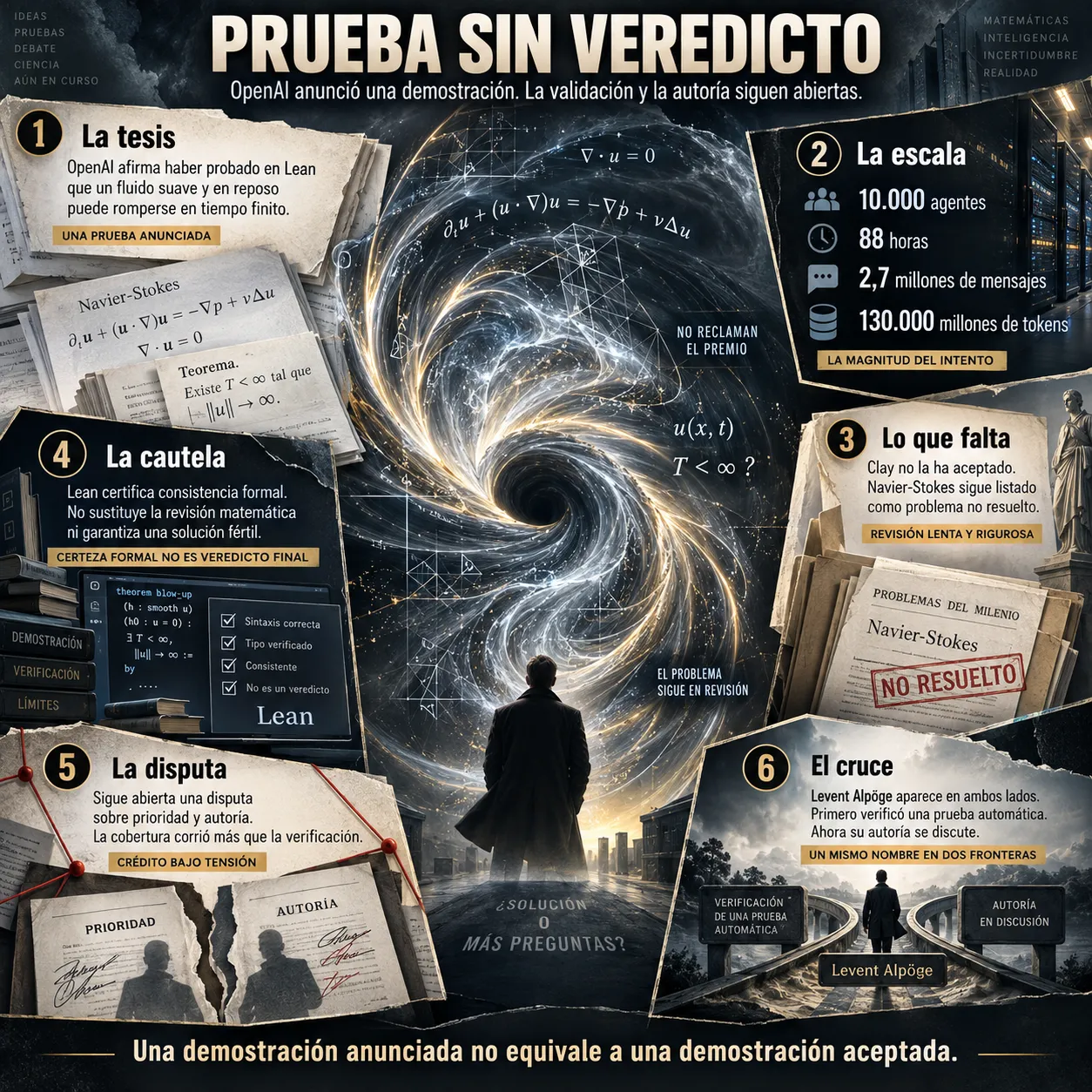 Infografía sobre la demostración de Navier-Stokes anunciada por OpenAI, su formalización en Lean, la falta de validación definitiva y la disputa sobre prioridad y autoría