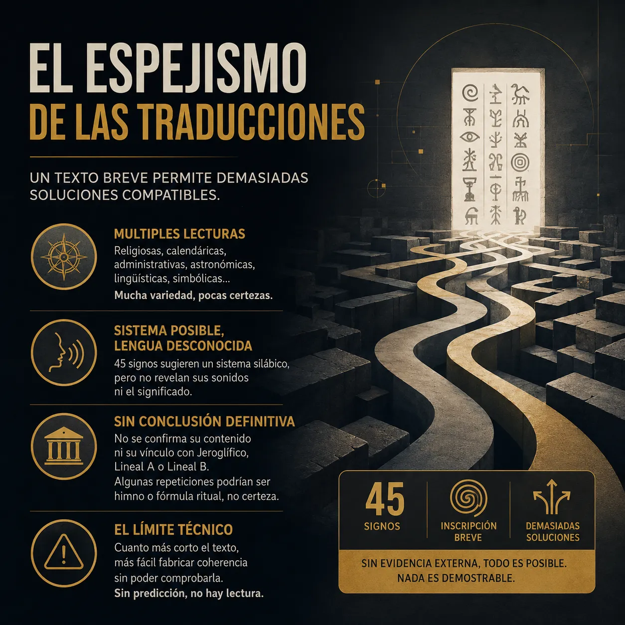 El espejismo de las traducciones Infografia sobre el problema de las multiples interpretaciones del Disco de Festo, con 45 signos, posibles lecturas religiosas, calendaricas, administrativas o simbolicas y falta de evidencia externa.