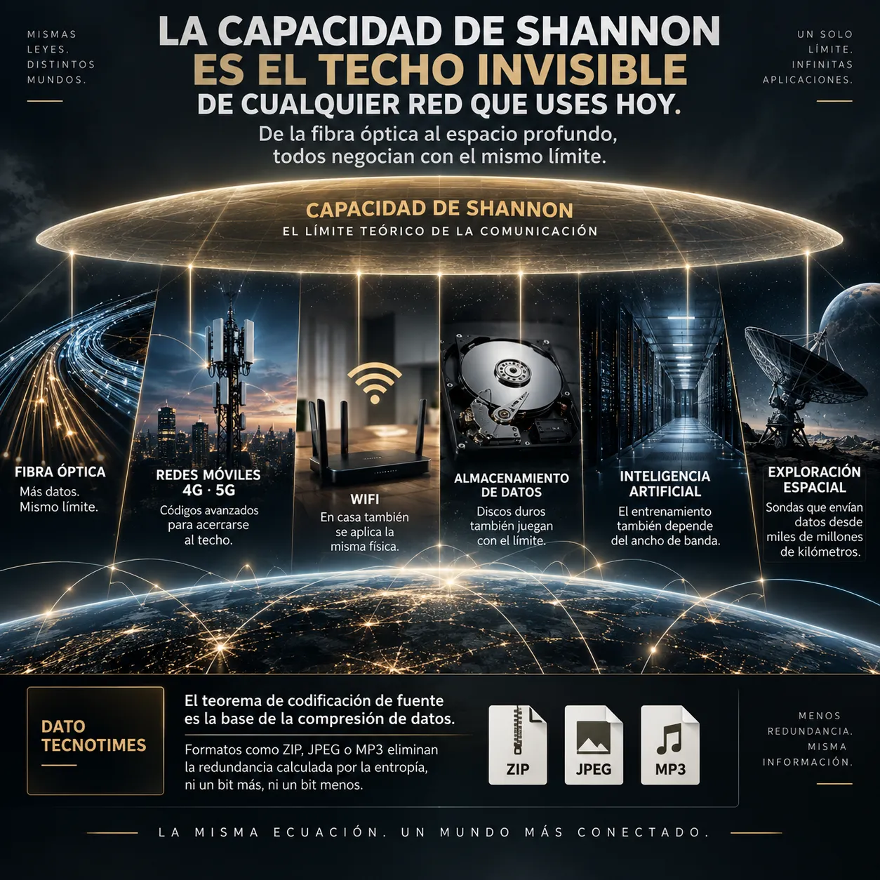 La capacidad de Shannon en las redes actuales Infografía sobre la capacidad de Shannon aplicada a fibra óptica, redes móviles, wifi, almacenamiento, inteligencia artificial y comunicaciones espaciales