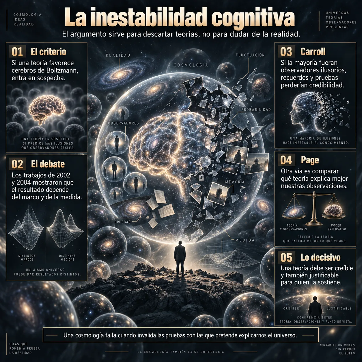La inestabilidad cognitiva Infografía sobre la inestabilidad cognitiva de Sean Carroll y el problema de las teorías dominadas por cerebros de Boltzmann