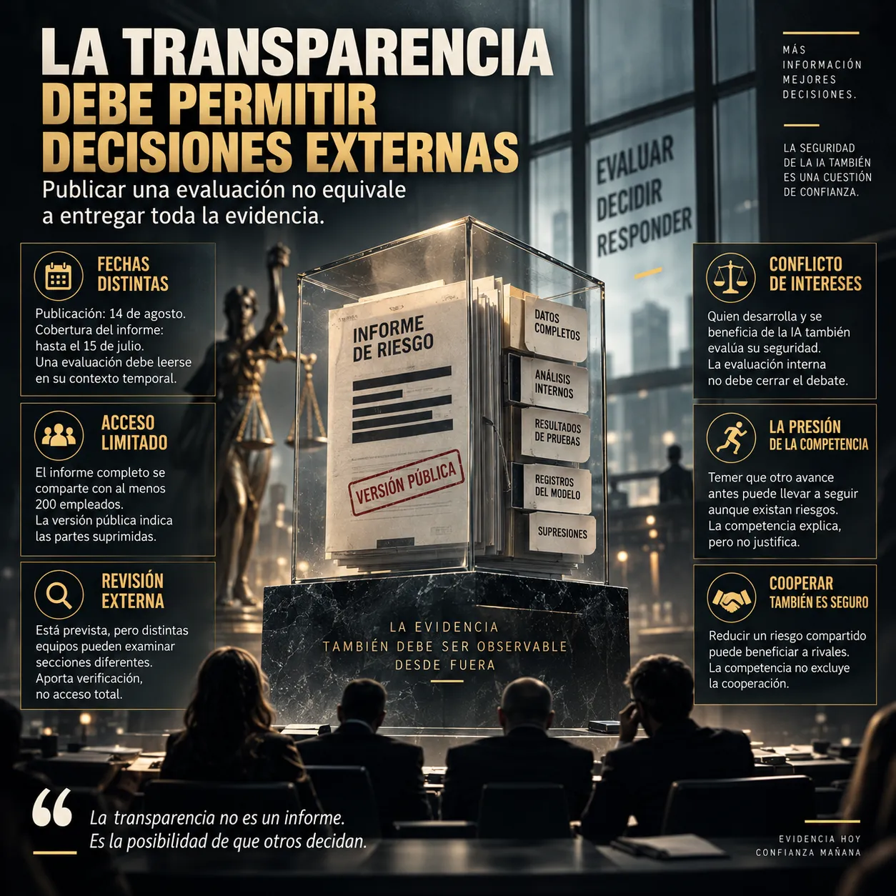 Infografía editorial sobre transparencia y evaluación externa en inteligencia artificial, con un informe de riesgo dentro de una vitrina, documentos parcialmente censurados y bloques sobre fechas, acceso limitado, revisión externa, conflicto de intereses, presión competitiva y cooperación