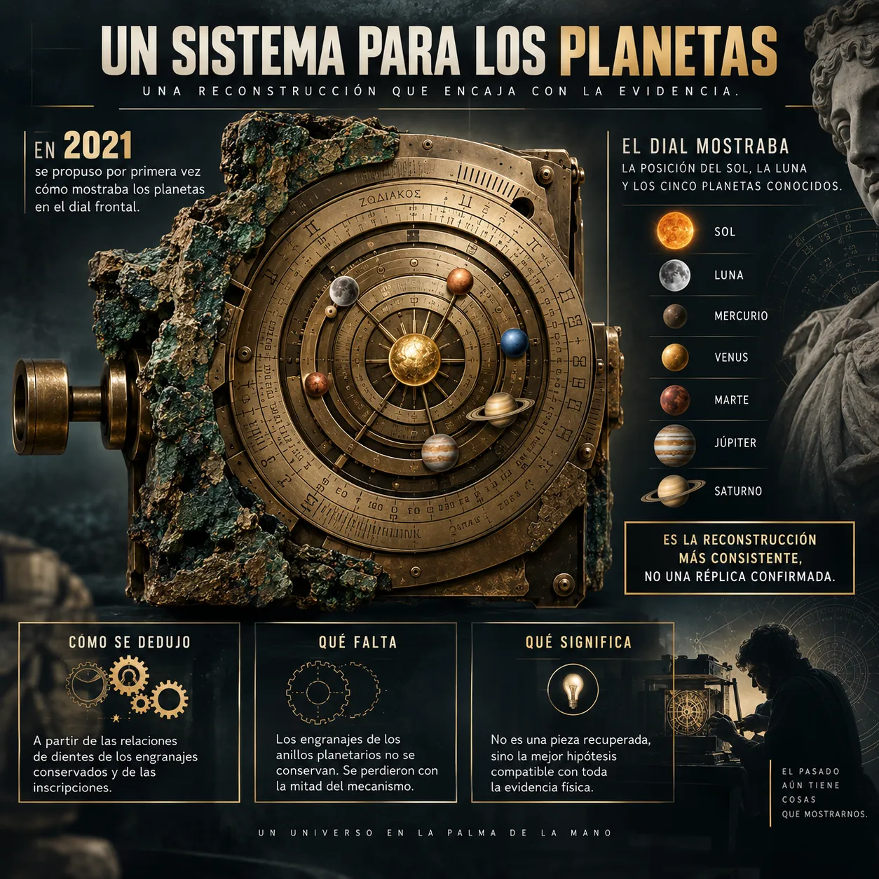 Los planetas en el mecanismo de Anticitera Reconstrucción de 2021 del dial frontal del mecanismo de Anticitera mostrando el Sol, la Luna y los cinco planetas conocidos por los griegos