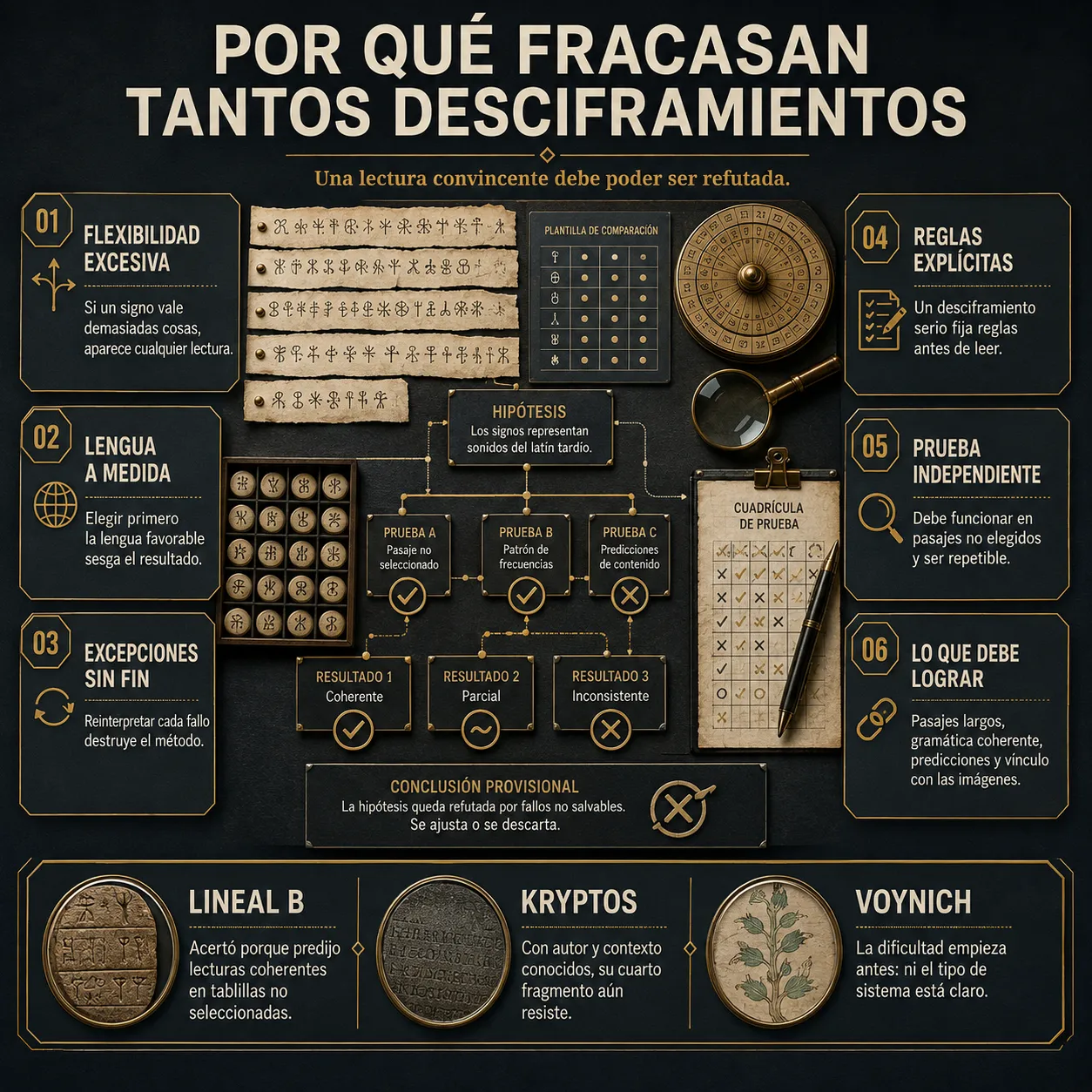 Diagrama sobre los errores habituales en los intentos de desciframiento: flexibilidad excesiva, lengua a medida, excepciones y falta de prueba independiente.