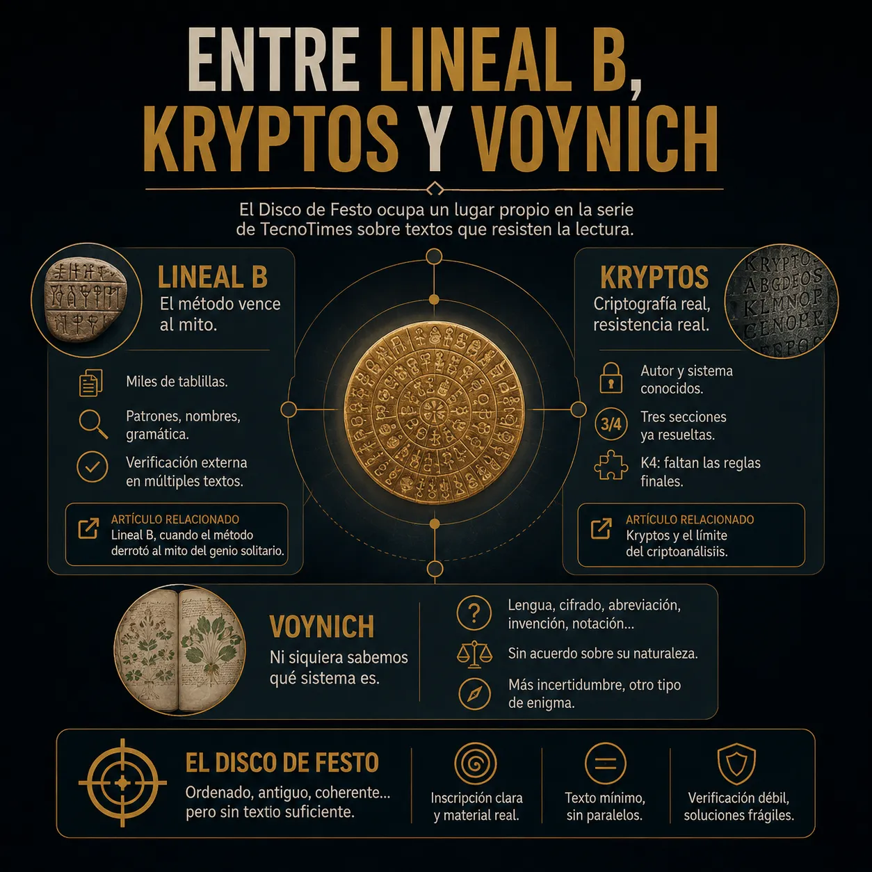 Entre Lineal B, Kryptos y Voynich Infografia que situa el Disco de Festo entre Lineal B, Kryptos y Voynich, comparando corpus, verificacion, criptografia, incertidumbre y limites de lectura.