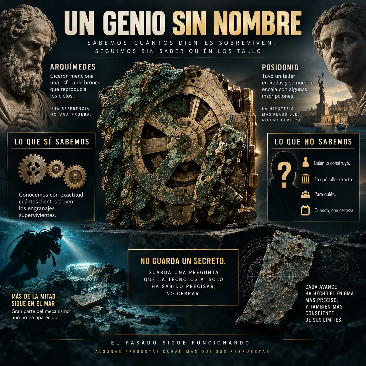 El constructor desconocido del mecanismo de Anticitera Mecanismo de Anticitera junto a referencias a Arquímedes y Posidonio y las preguntas aún abiertas sobre su autor, taller y finalidad