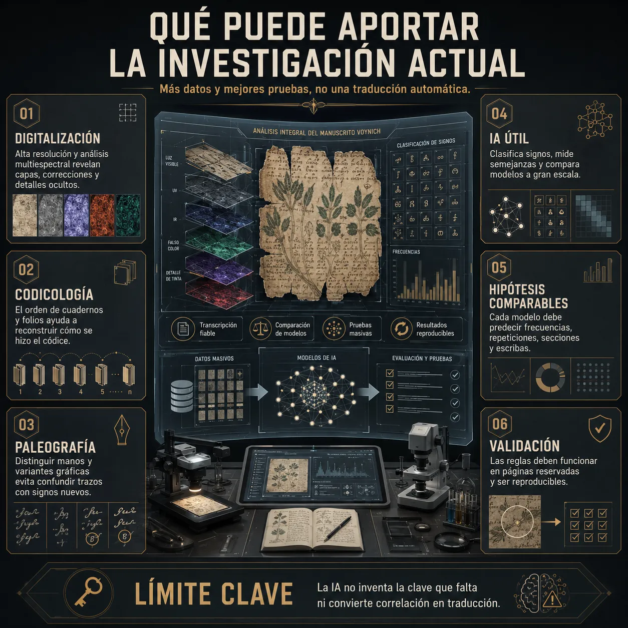 Laboratorio de análisis con digitalización, codicología, paleografía, inteligencia artificial, modelos comparables y validación.