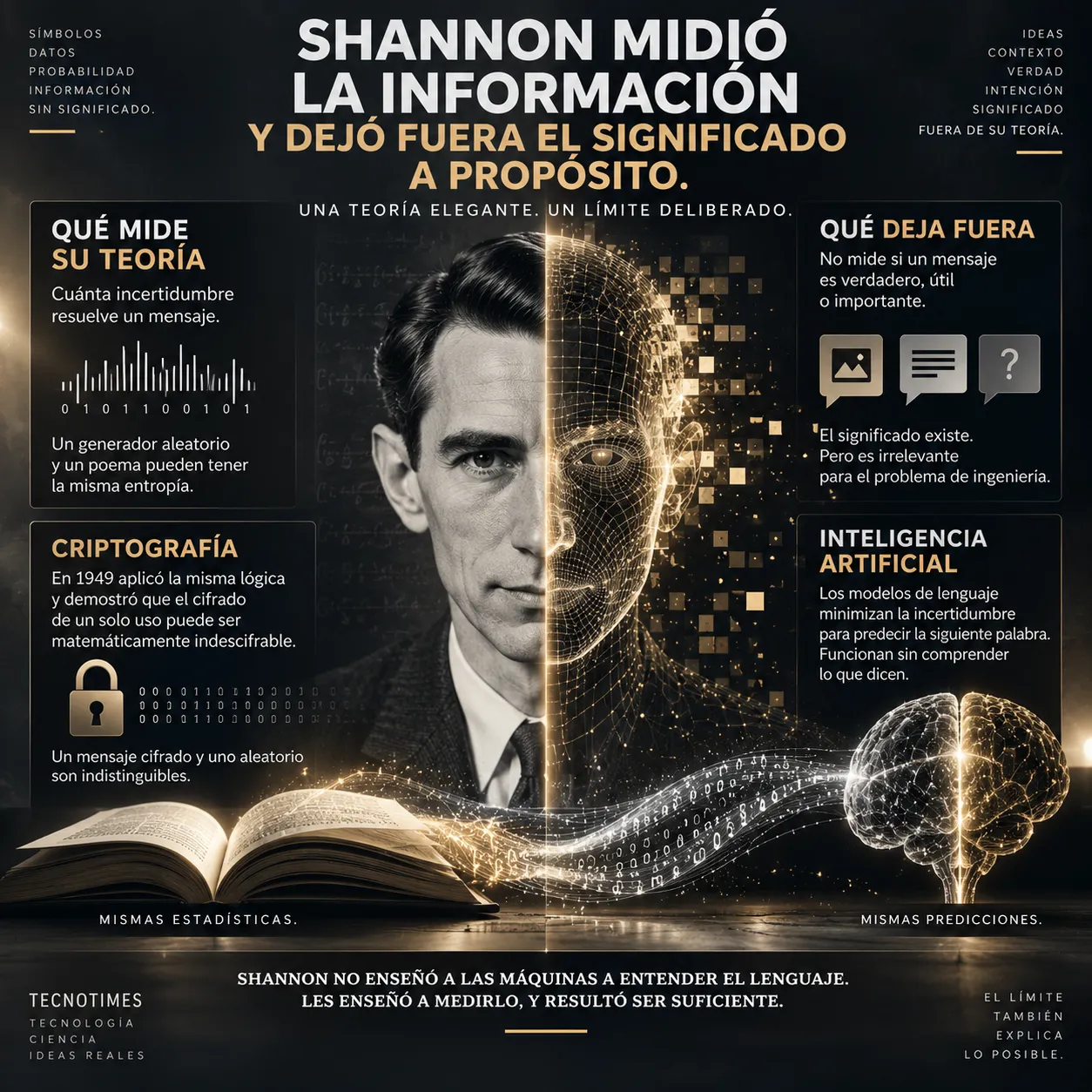 Shannon: información sin significado Infografía sobre la separación entre información y significado en la teoría de Shannon, su relación con la criptografía y los modelos de lenguaje