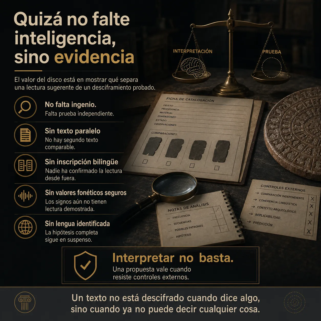 Quiza no falte inteligencia, sino evidencia Infografia sobre el Disco de Festo centrada en la diferencia entre interpretacion y prueba, con ausencia de texto paralelo, inscripcion bilingue, valores foneticos seguros y lengua identificada.