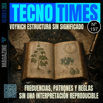 Portada del artículo 197 de TecnoTimes sobre el manuscrito Voynich, con un códice abierto, diagramas astronómicos, escritura desconocida y el titular “Frecuencias, patrones y reglas sin una interpretación reproducible”.