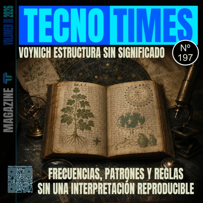Portada del artículo 197 de TecnoTimes sobre el manuscrito Voynich, con un códice abierto, diagramas astronómicos, escritura desconocida y el titular “Frecuencias, patrones y reglas sin una interpretación reproducible”.