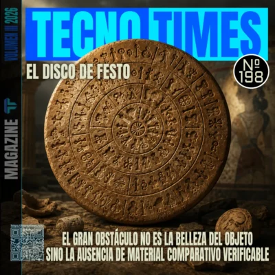 Portada del artículo 198 de TecnoTimes sobre el Disco de Festo, con el disco de arcilla en primer plano, signos en espiral, estética arqueológica y el titular sobre la ausencia de material comparativo verificable.