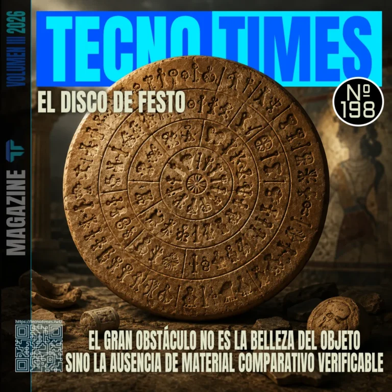 Portada del artículo 198 de TecnoTimes sobre el Disco de Festo, con el disco de arcilla en primer plano, signos en espiral, estética arqueológica y el titular sobre la ausencia de material comparativo verificable.